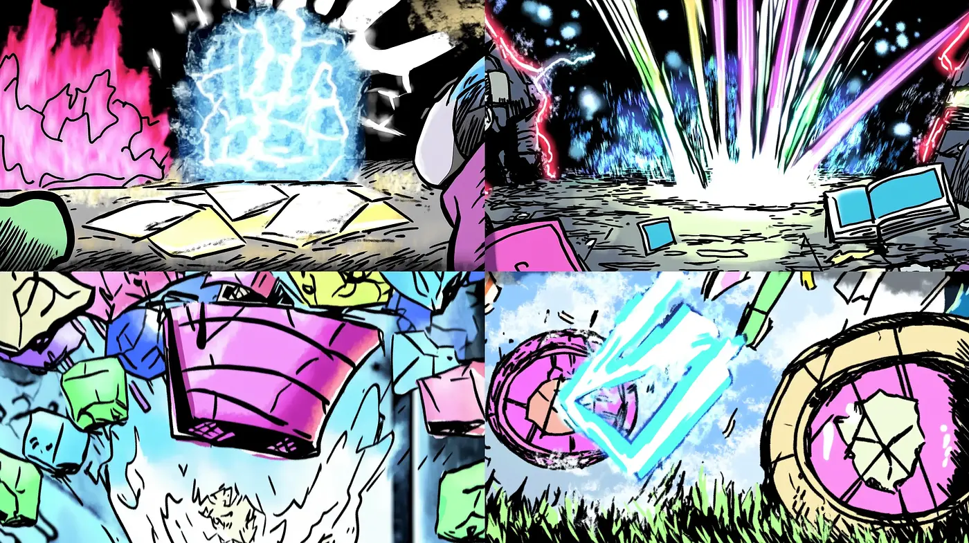 Energetic Comic Book Explosion with Vibrant Color Contrasts - Midjourney sref style