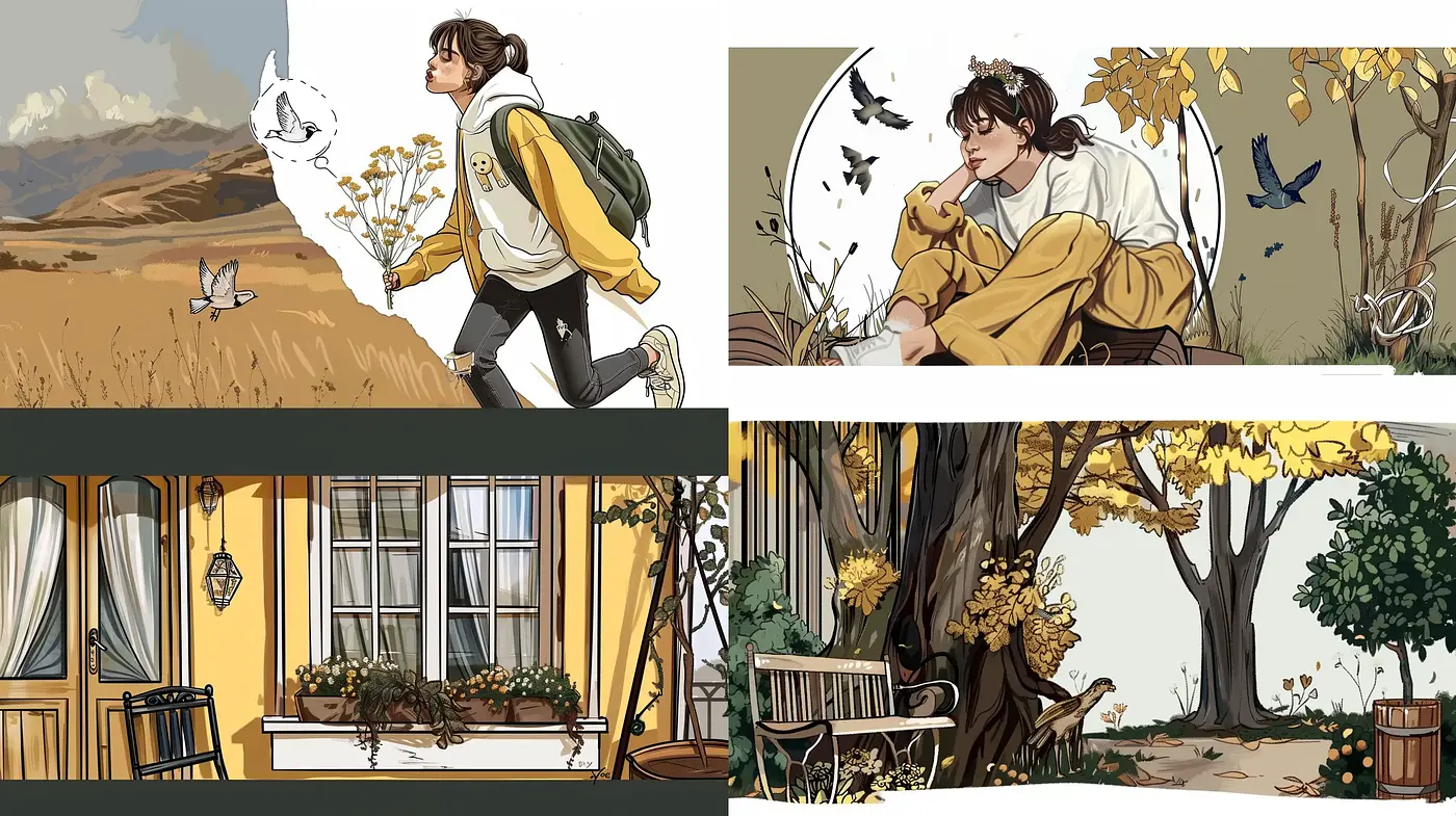 Warm Autumnal Hues in Cozy Comic-Style Vignettes - Midjourney sref style