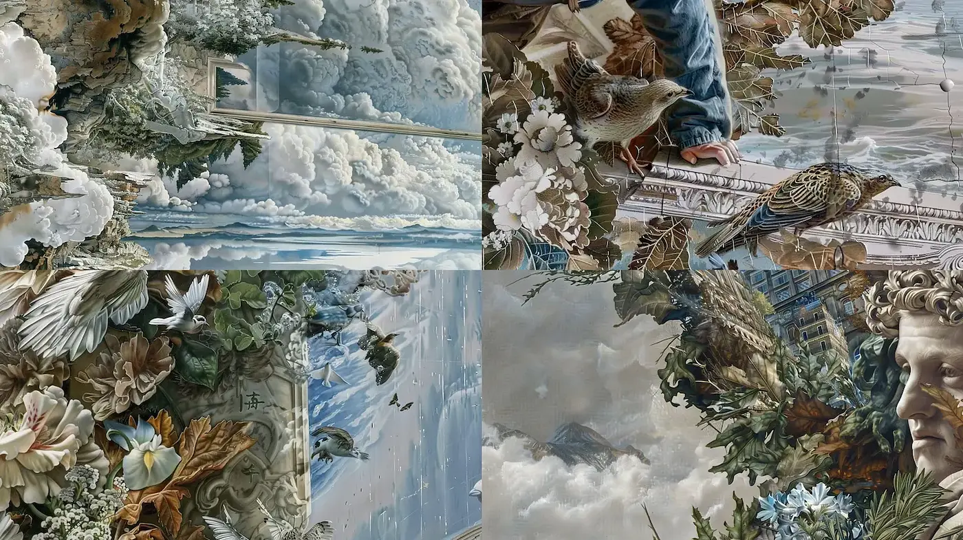 Intricate Surrealist Landscape with Nature and Figures - Midjourney sref style