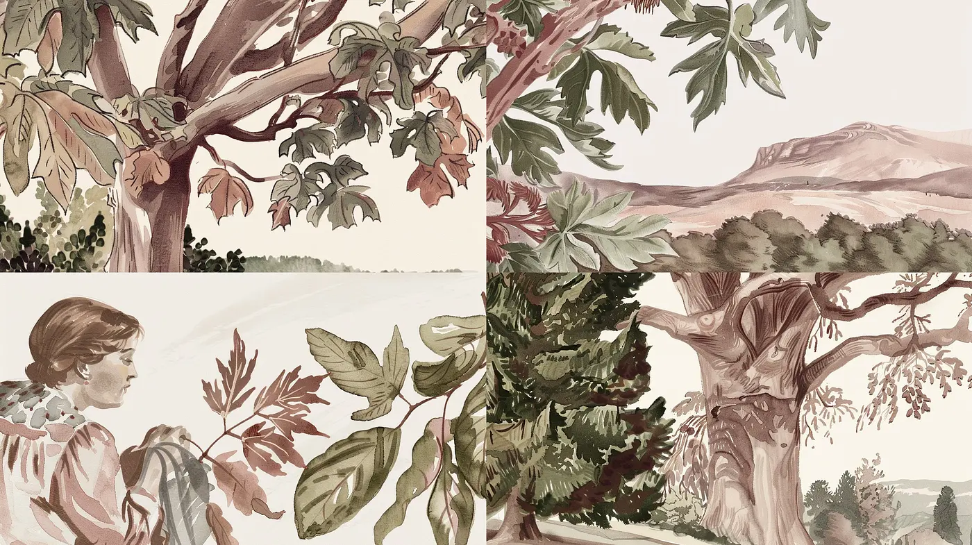 Harmonious Muted Nature Tapestry in Pastel Tableau - Midjourney sref style