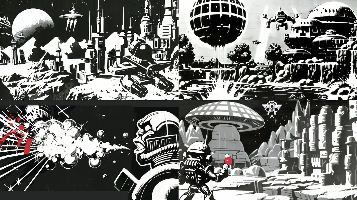 Futuristic Retro-Style Art with Bold Monochromatic Elements and Dynamic Textures - Midjourney sref style
