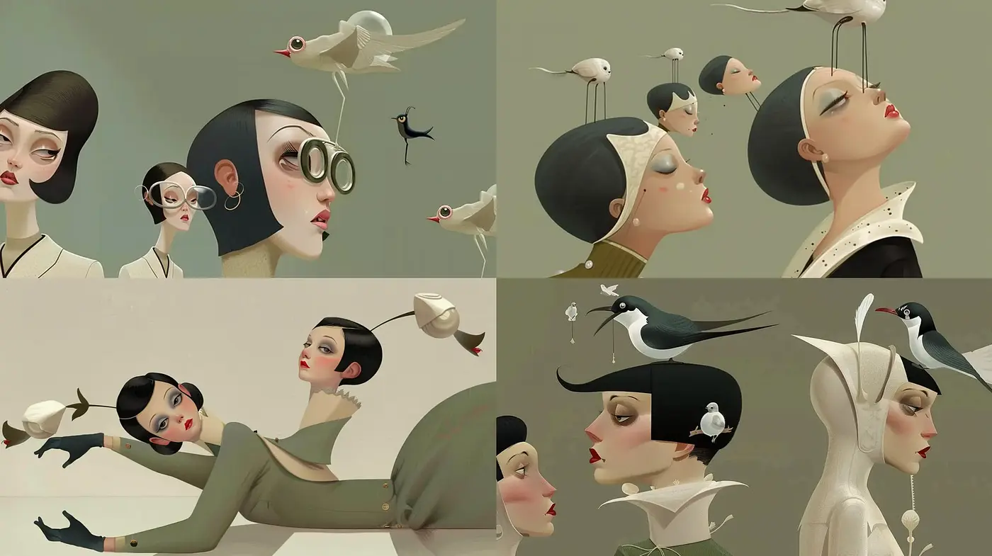 Elongated Elegance and Avian Grace in Muted Tones - Midjourney sref style