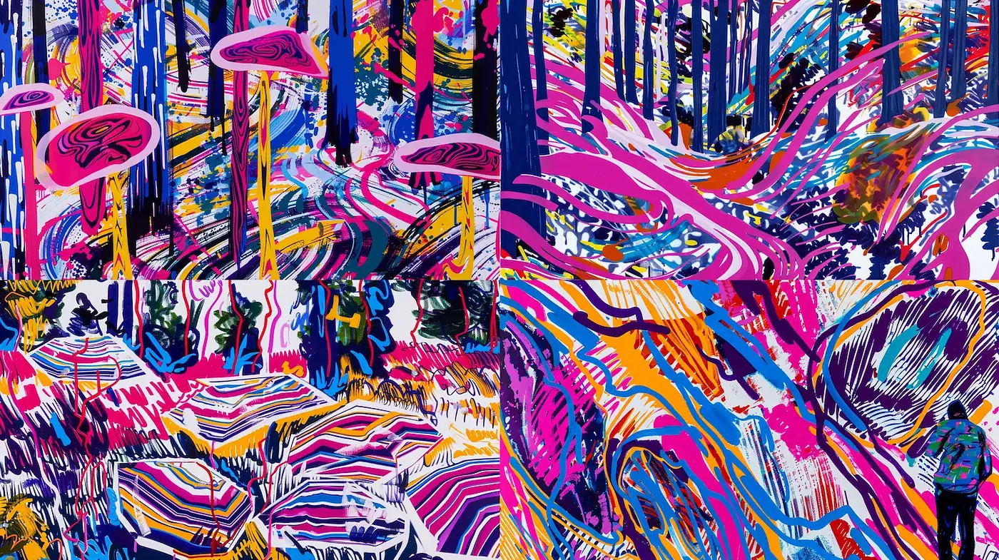Vibrant and Dynamic Abstract Forest Scenes with Playful Patterns - Midjourney sref style