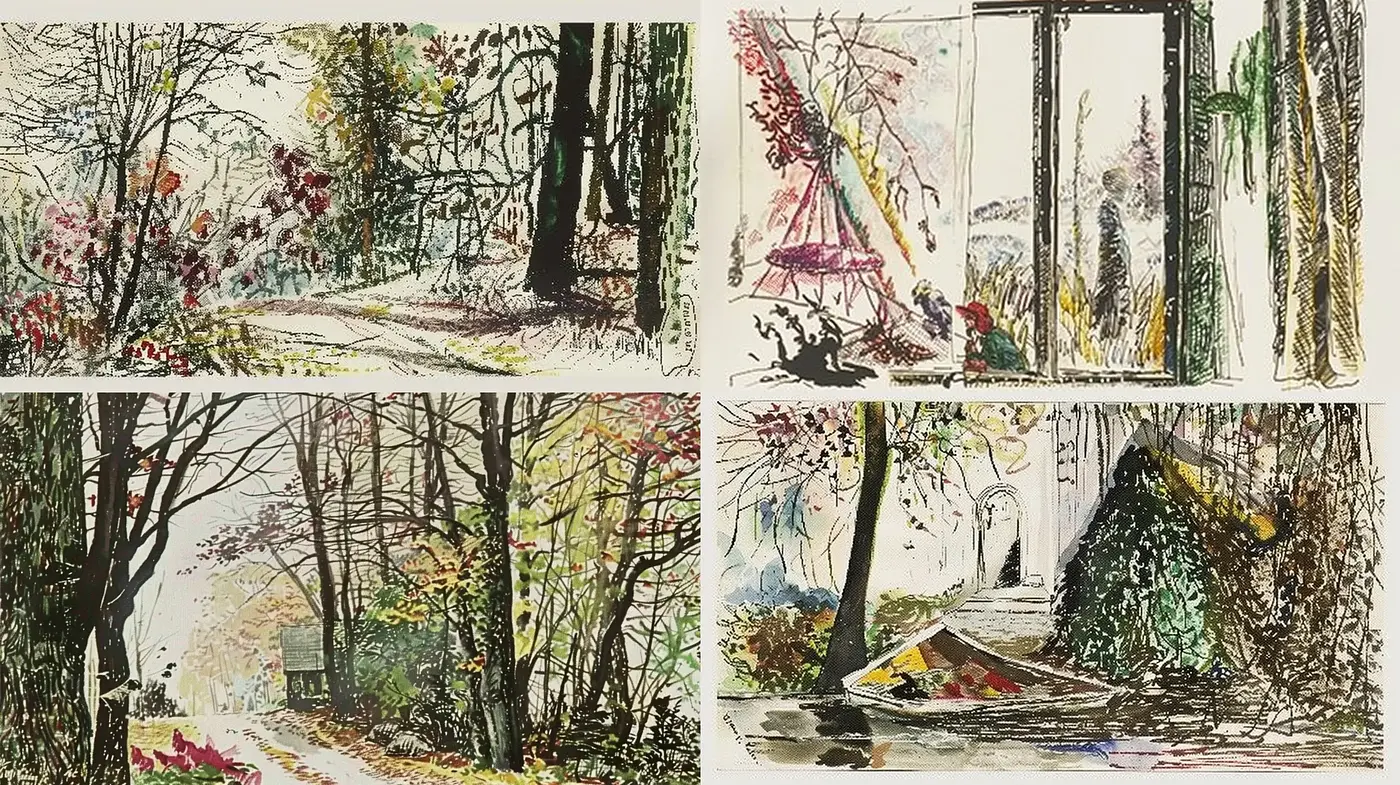 Lyrical Brushwork in Pastoral Scenes: A Harmony of Nature and Light - Midjourney sref style