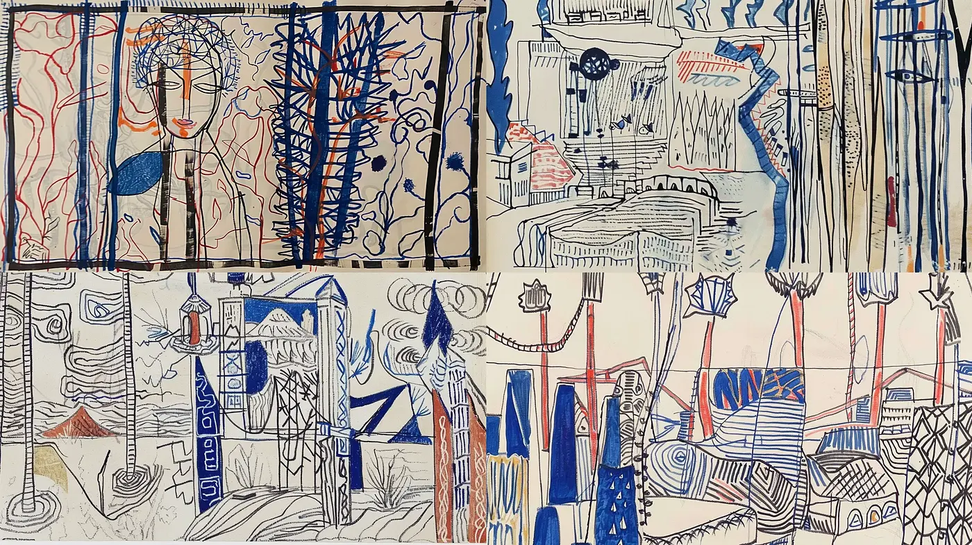 Scribbled Contours and Abstract Forms in Blue and Red - Midjourney sref style
