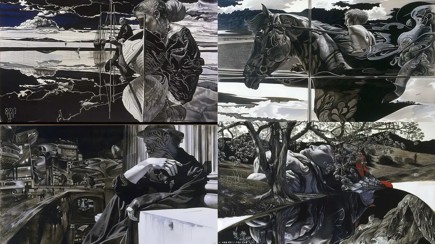 Surreal monochromatic artistry with fluid narratives - Midjourney sref style