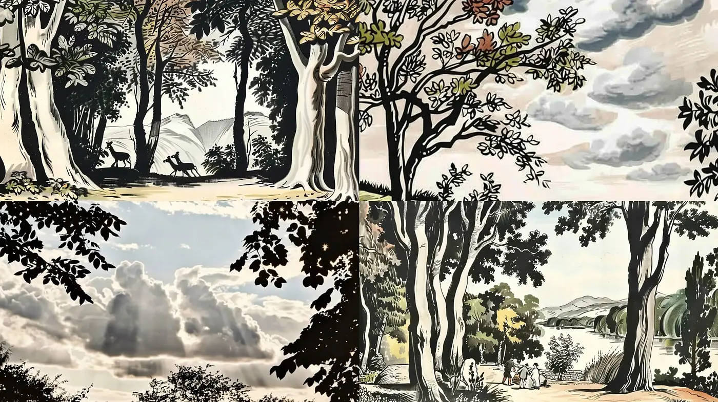 Ethereal Arcadian Landscapes with a Golden Age Illustrative Essence - Midjourney sref style
