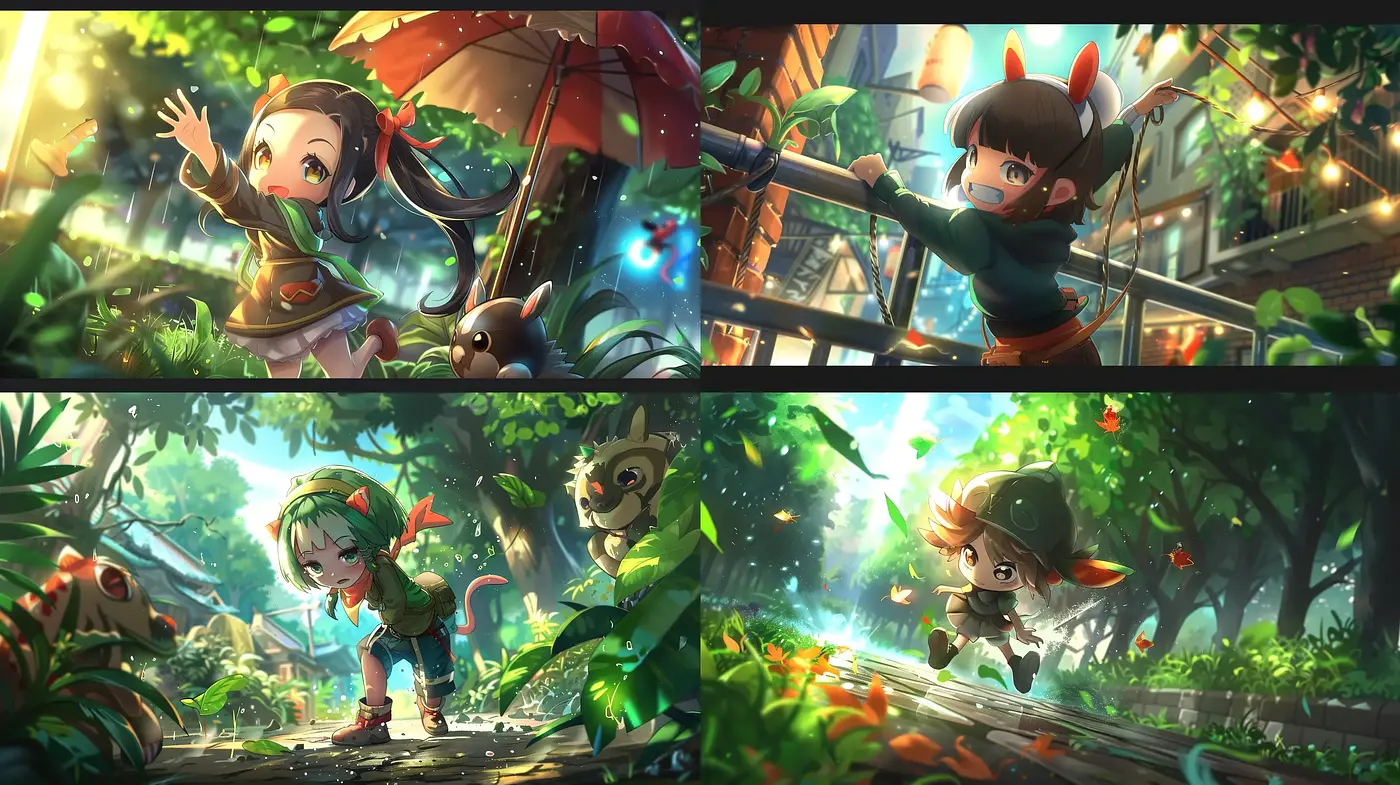 Enchanted Vibrancy: A Whimsical Anime Fusion in Lush Nature Scenes - Midjourney sref style