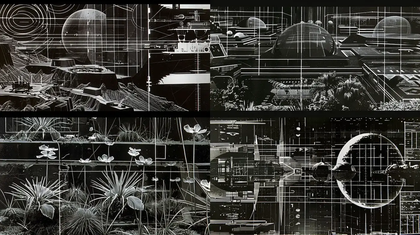 Futuristic Ecological Landscapes with Geometric Elements - Midjourney sref style