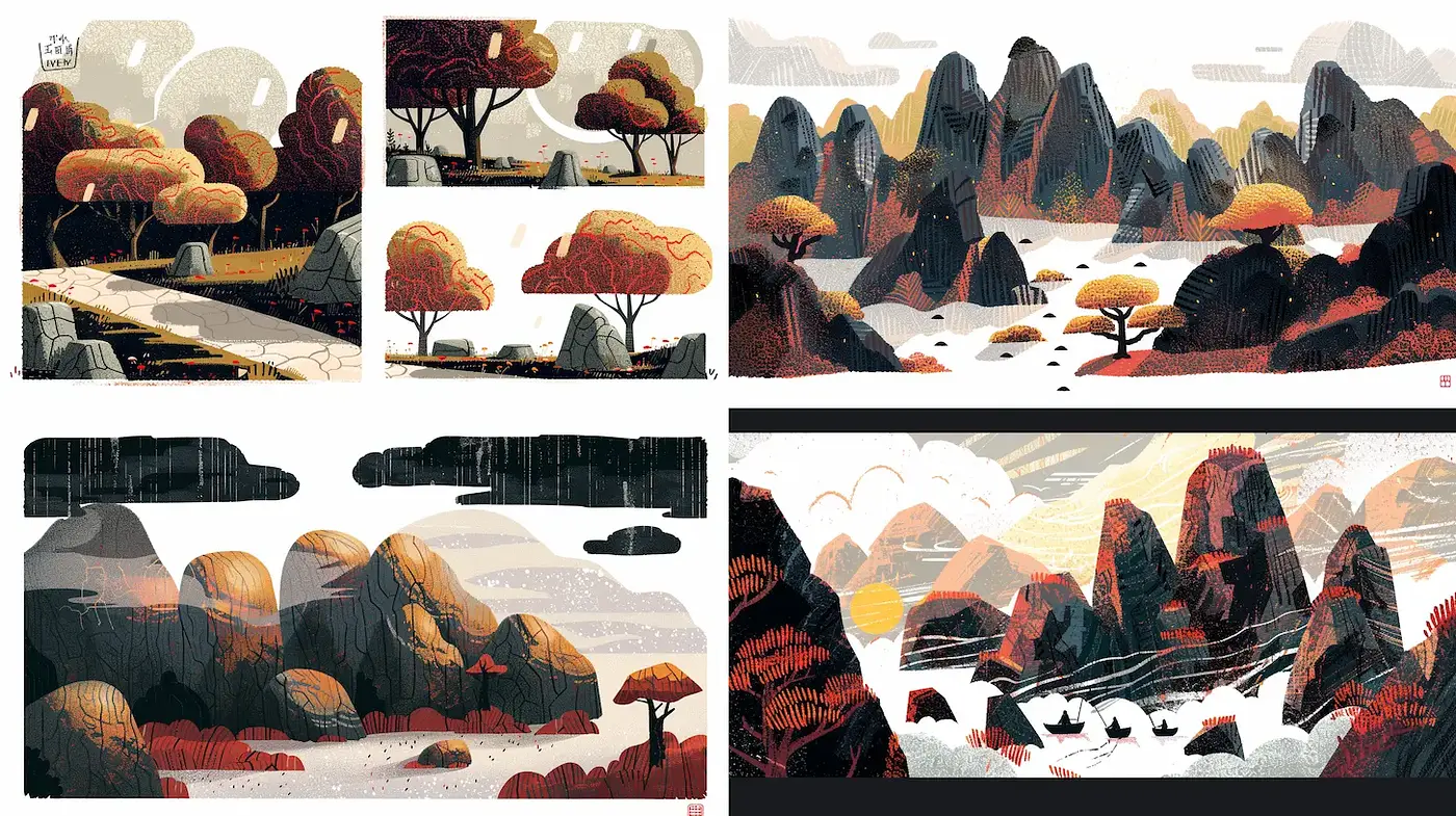 Consistent Artistic Expression in Landscape Illustrations with Textural Depth - Midjourney sref style
