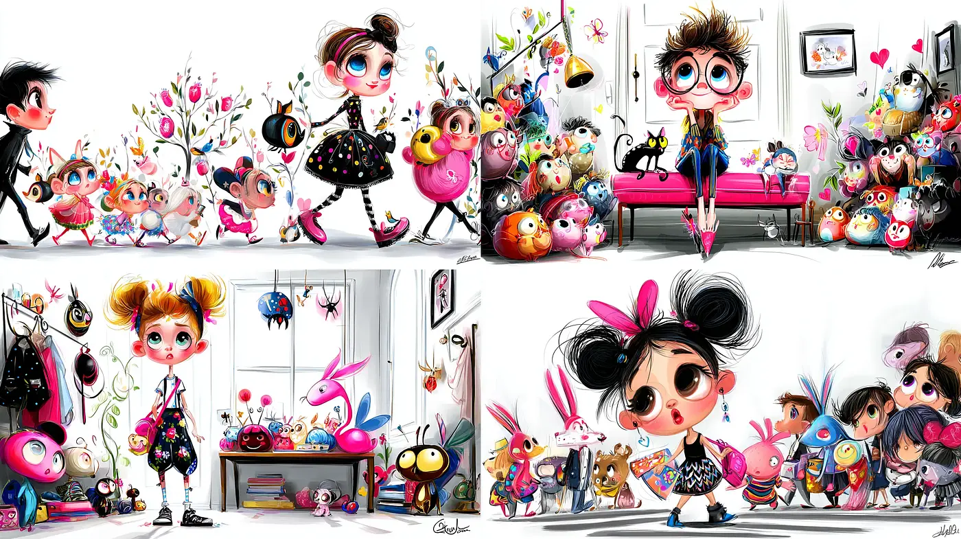 Playful and Whimsical Character Illustration with a Touch of Childlike Wonder - Midjourney sref style