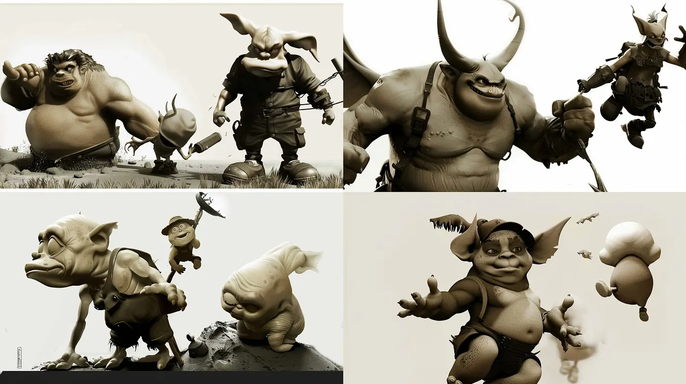 Monochromatic Whimsy: The Seamless Blend of Fantasy Creatures in a Uniform Sepia Palette - Midjourney sref style