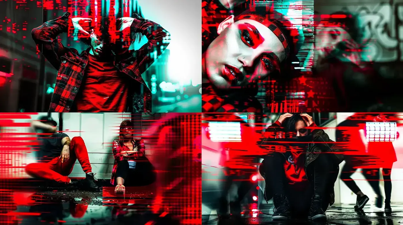 Dynamic Cyberpunk Influenced Style with Glitch Aesthetics and Intense Mood - Midjourney sref style