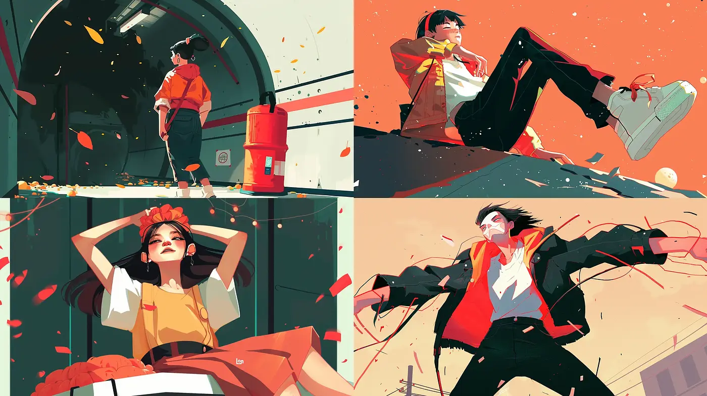 Dynamic Contrast and Energetic Abstraction in Modern Digital Illustration - Midjourney sref style