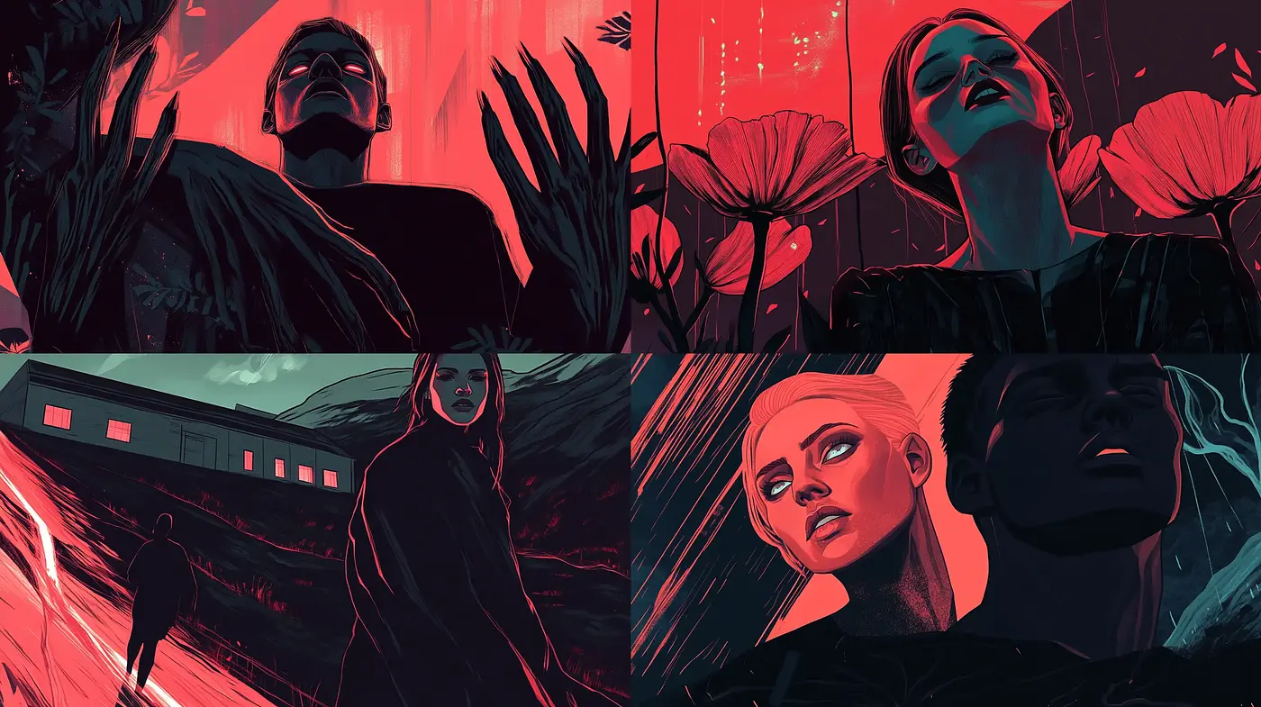 Nocturnal Crimson Dreamscape: A Stylized Synthesis of Melancholic Hues - Midjourney sref style