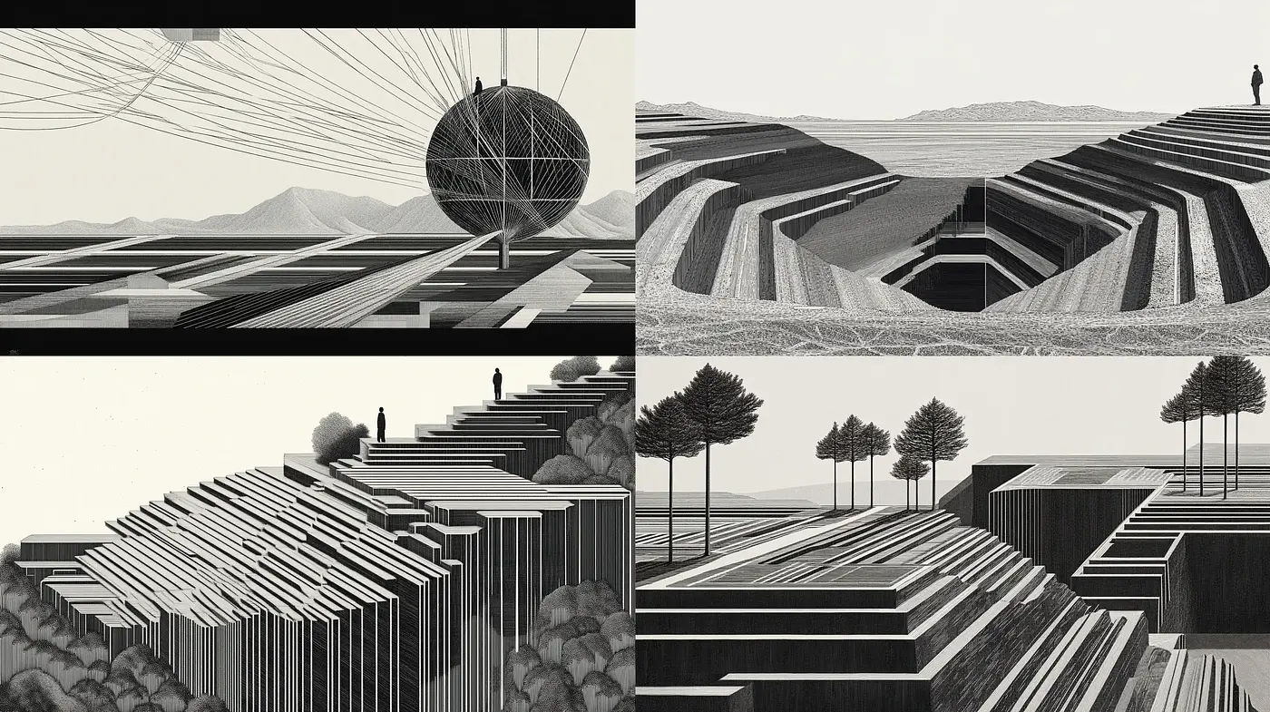 Monochromatic Architectonic Landscape Interpretations - Midjourney sref style