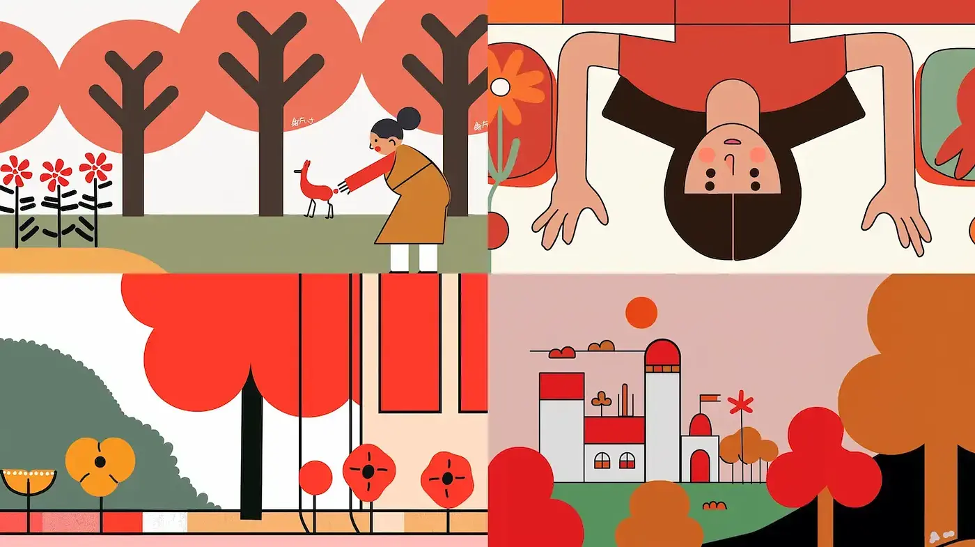 Whimsical and vibrant geometric illustrations with a playful, modern flair - Midjourney sref style
