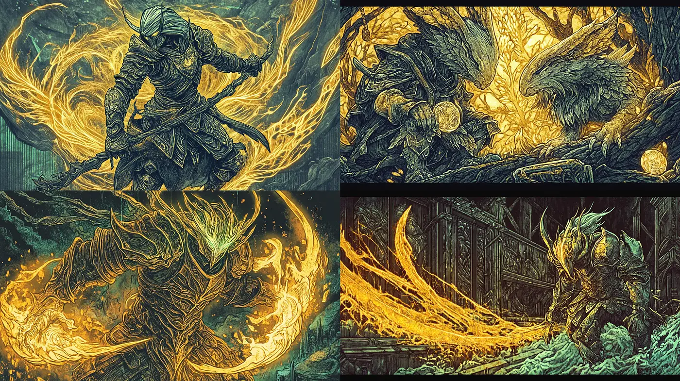 Ethereal Golden Fantasy Artwork with Intricate Details and Dynamic Composition - Midjourney sref style
