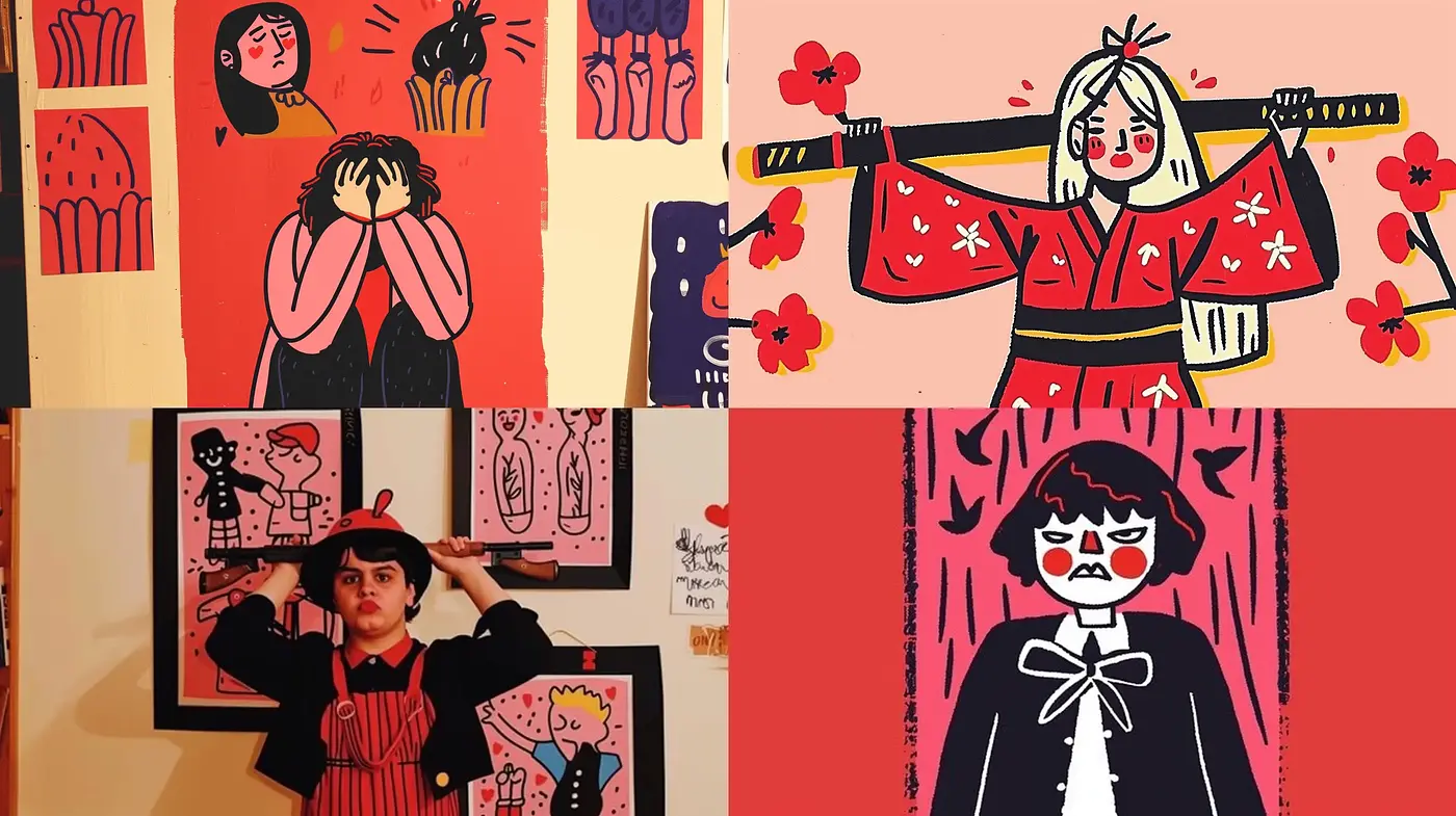 Expressive Cartoonish Tableau with Bold Outlines and Red Dominance - Midjourney sref style
