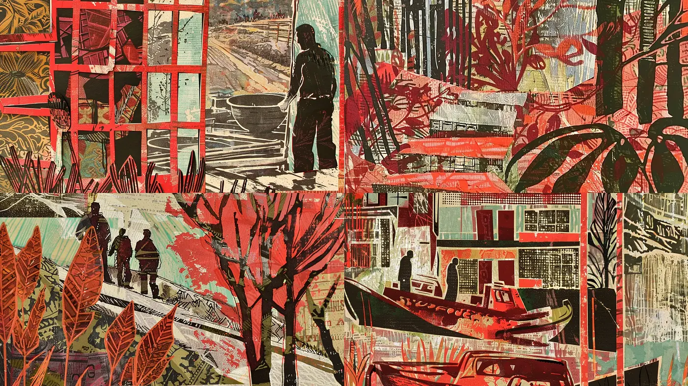 Rustic Textured Collage with Nature and Architectural Elements - Midjourney sref style