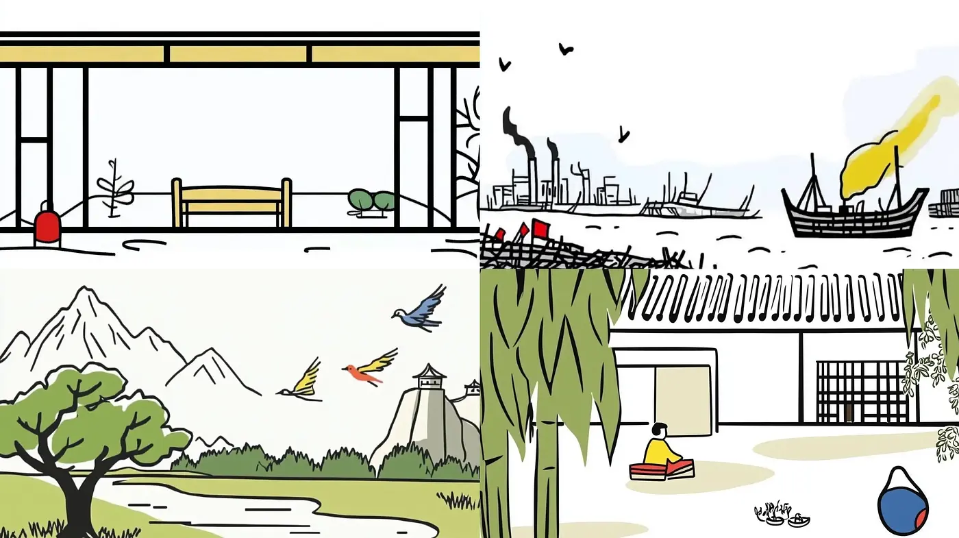 Serene Asian-Inspired Landscape Interpretations with Minimalist Lines and Watercolor Washes - Midjourney sref style