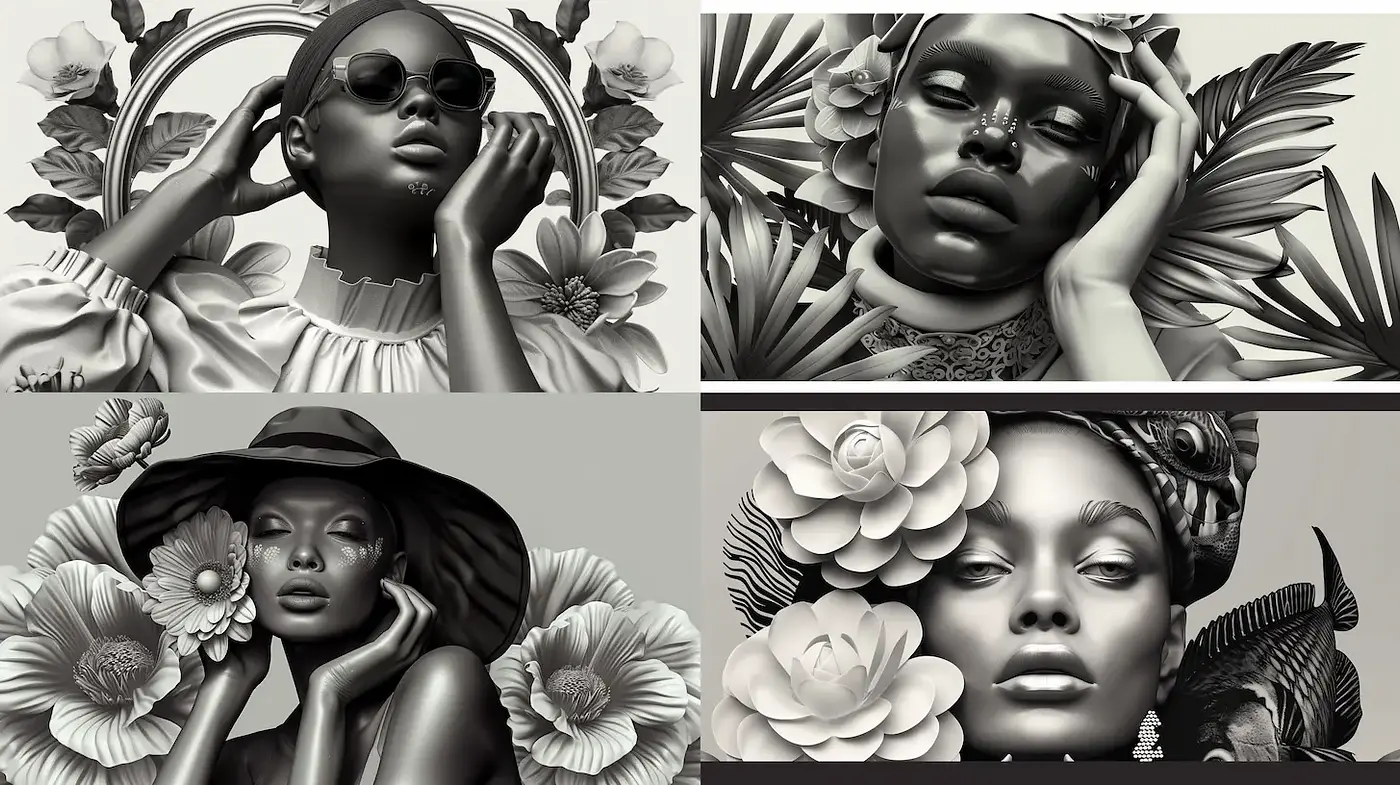 Elegant Monochromatic Portraits with Floral Elements - Midjourney sref style