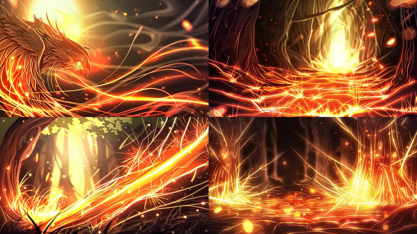 Blazing Luminescence: A Fiery Dance of Light and Shadow - Midjourney sref style