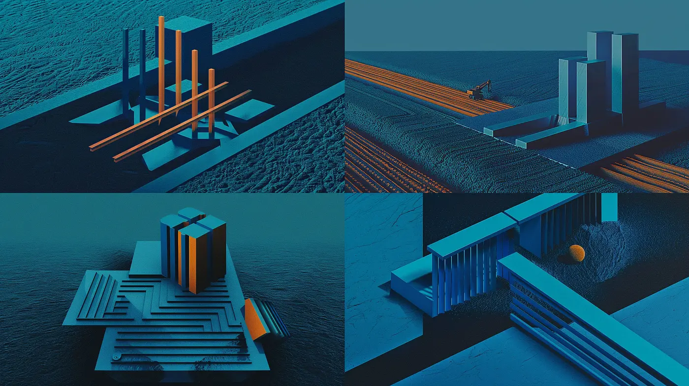 Surreal Architectural Synthesis with a Chiaroscuro Teal Ambience - Midjourney sref style