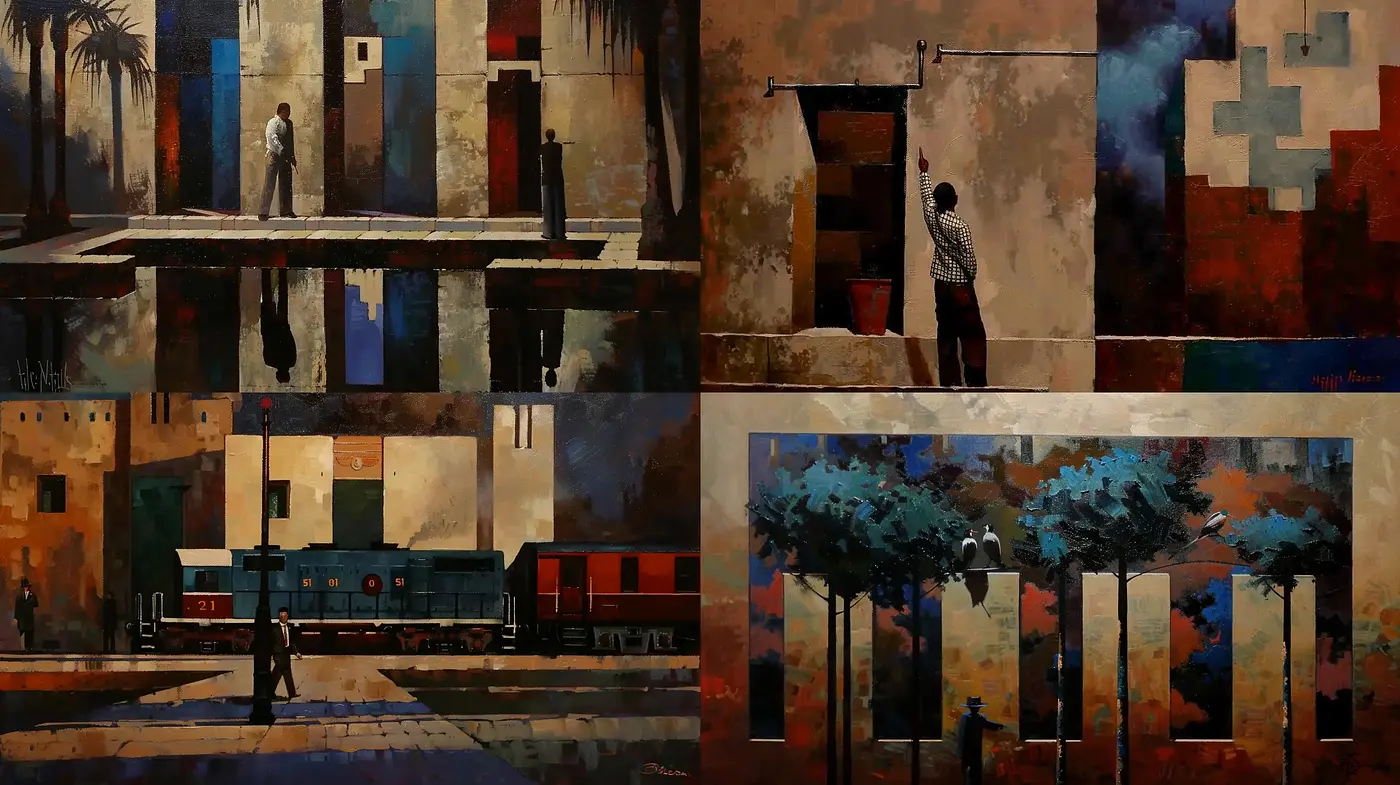 Urban Mosaic: A Textured Expression of Contemporary Life in Earthy Tones - Midjourney sref style