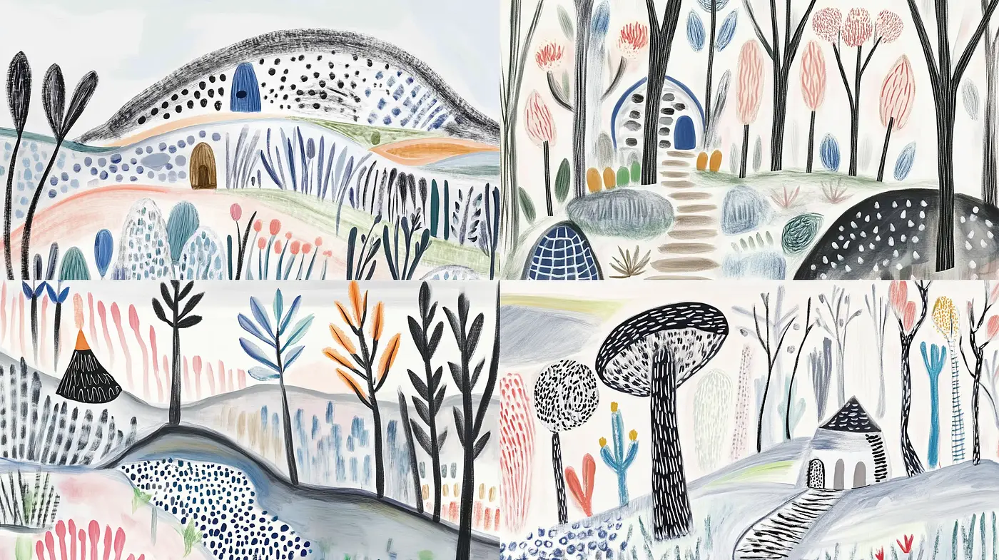 Whimsical Natural Landscapes with a Folk Art Essence - Midjourney sref style