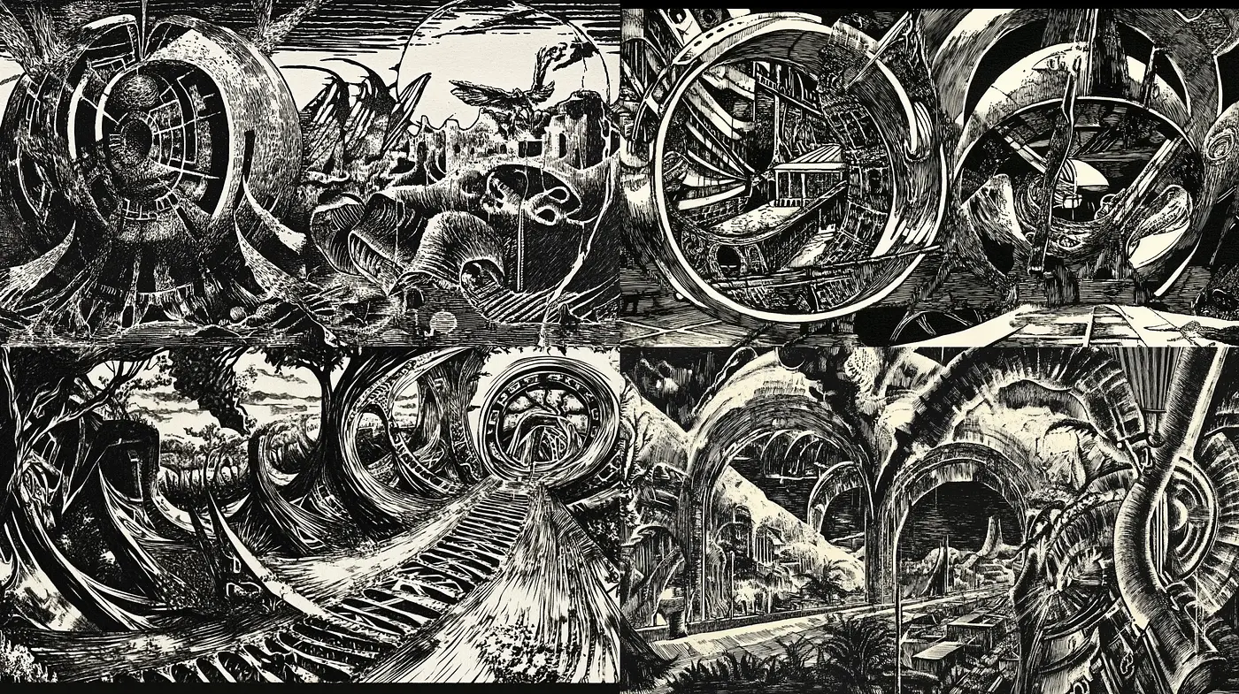 Surreal Mechanical Vortex: An Intricate Dance of Gears and Organic Forms - Midjourney sref style