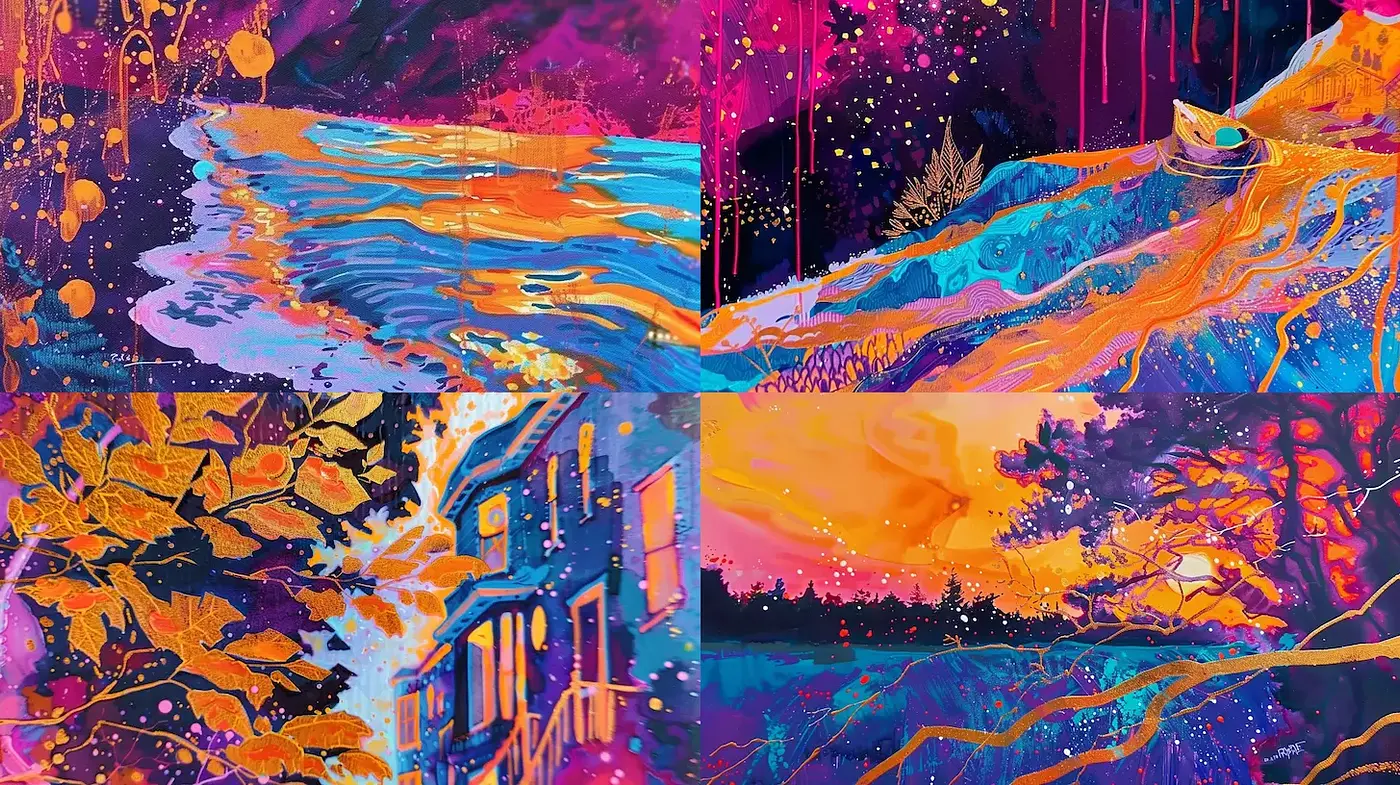 Vibrant surreal landscapes with a dreamy essence and bold contrasts - Midjourney sref style