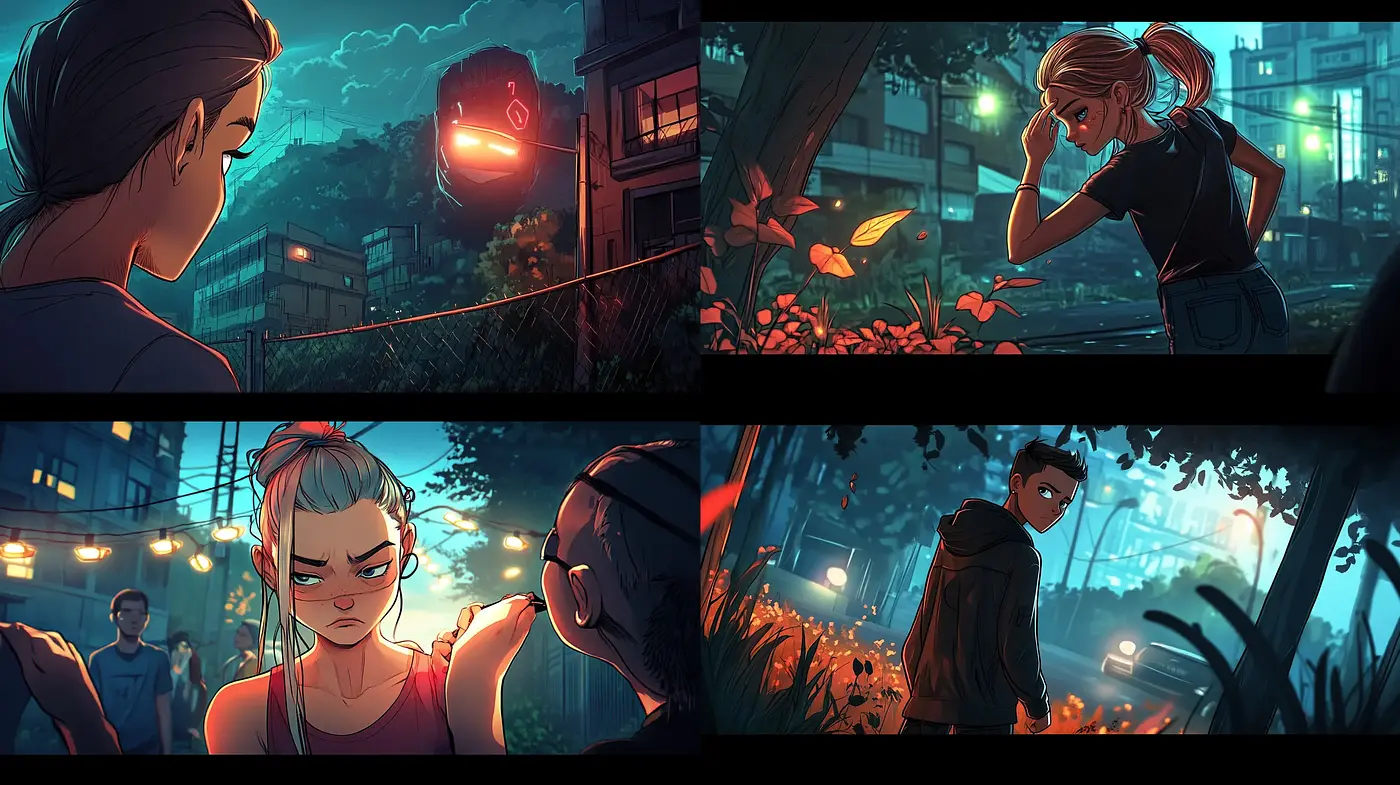 Nocturnal Glow: Stylized Digital Scenes Conveying Drama and Intimacy - Midjourney sref style