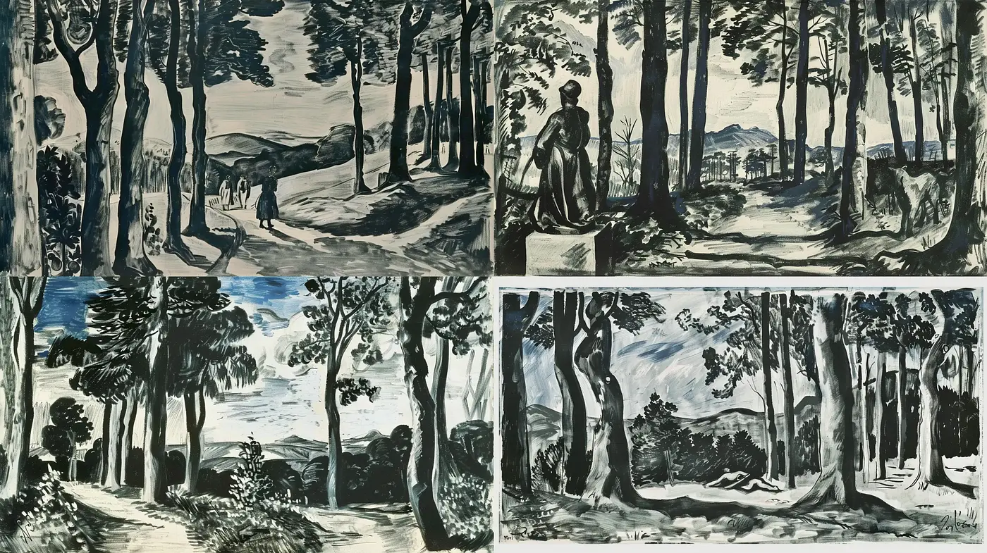 Monochromatic Serenity: Expressionist-inspired Strokes in Nature Scenes - Midjourney sref style
