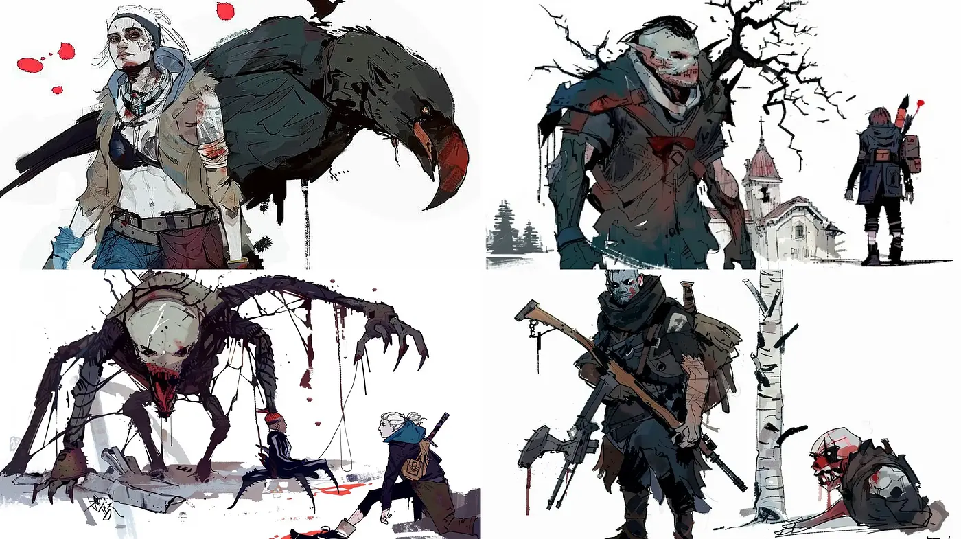 Grim Winter Tales: Stylized Graphic Novel Artwork with Splattered Inkscape - Midjourney sref style