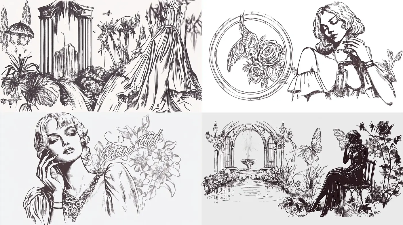 Monochrome Ink Sketch Elegance with a Dramatic Flair - Midjourney sref style