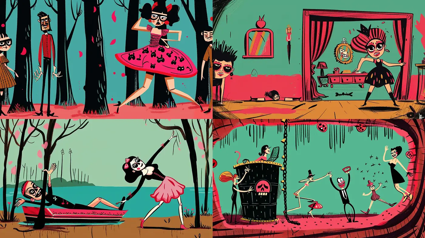 Expressionist Cartoon Fables with Vibrant, Contrasting Hues - Midjourney sref style