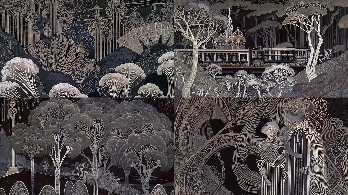 Intricate Art Nouveau Landscape with a Modern Twist - Midjourney sref style