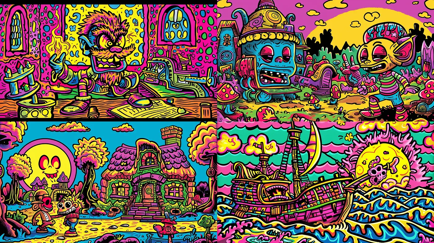 Psychedelic Cartoon Extravaganza with Vibrant, Outlined Artistry - Midjourney sref style