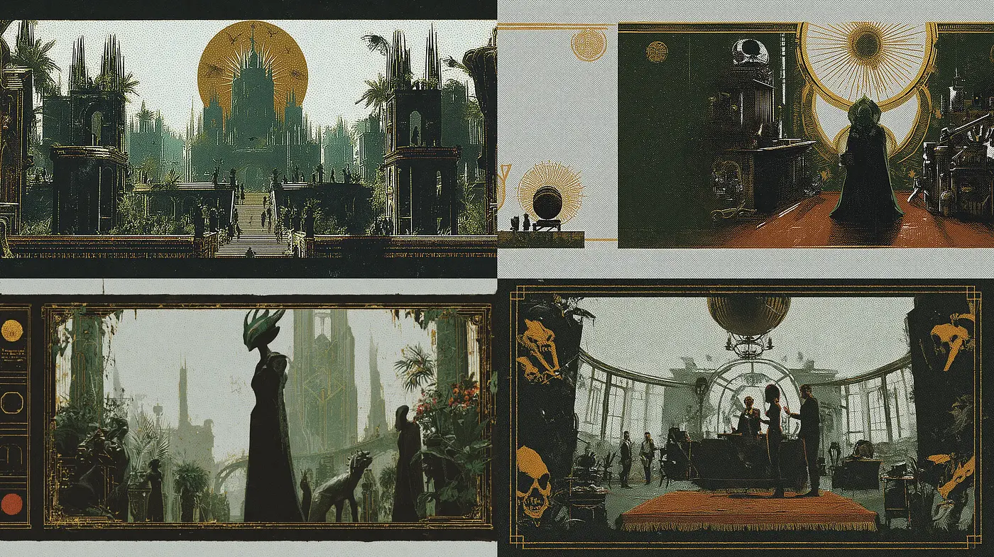 Dark Fantasy with Art Deco Influence and Detailed Textural Elements - Midjourney sref style