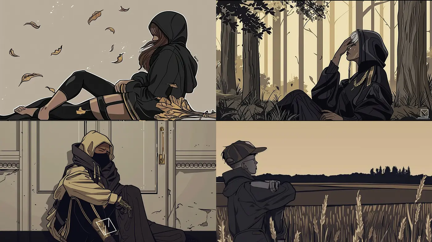 Contemplative Serenity in Sepia: A Harmonious Blend of Modern Illustration and Vintage Hues - Midjourney sref style