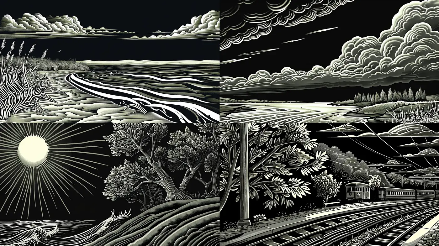 Nocturnal Monochrome Visions: A Harmonious Dance of Light and Shadow - Midjourney sref style