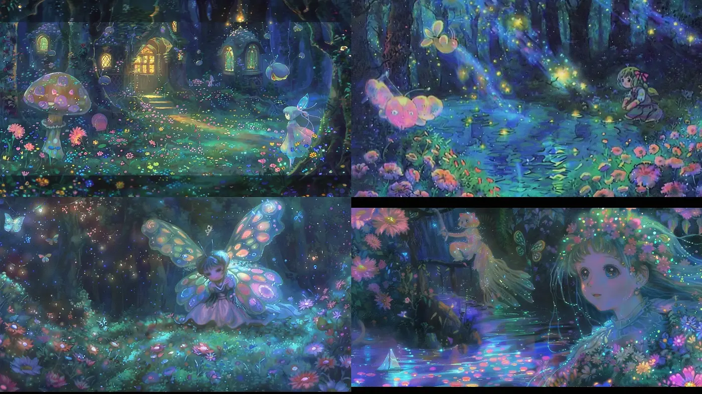 Enchanted Nocturnal Garden: A Magic-Infused Anime Dreamscape - Midjourney sref style