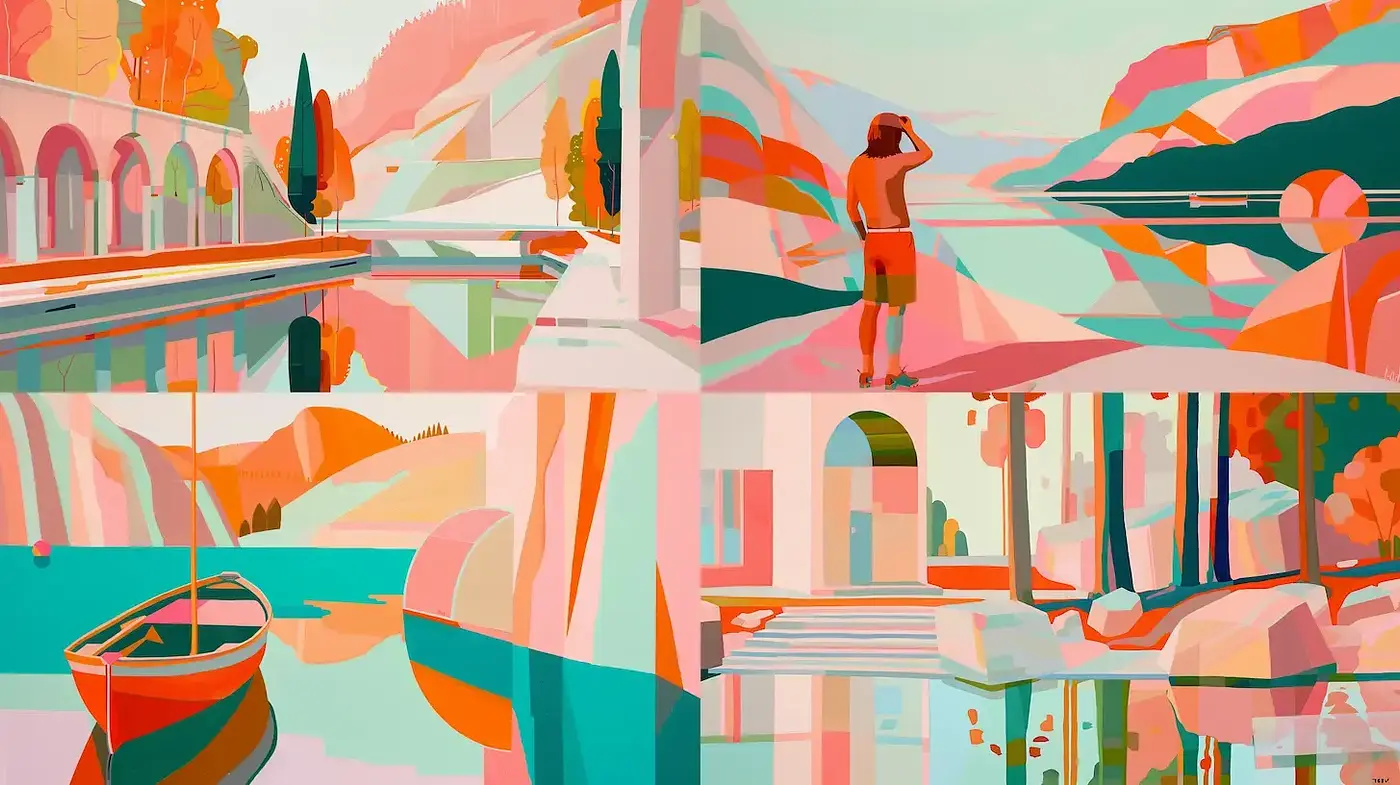 Vibrant Geometric Landscapes with a Playful Retro Aesthetic - Midjourney sref style
