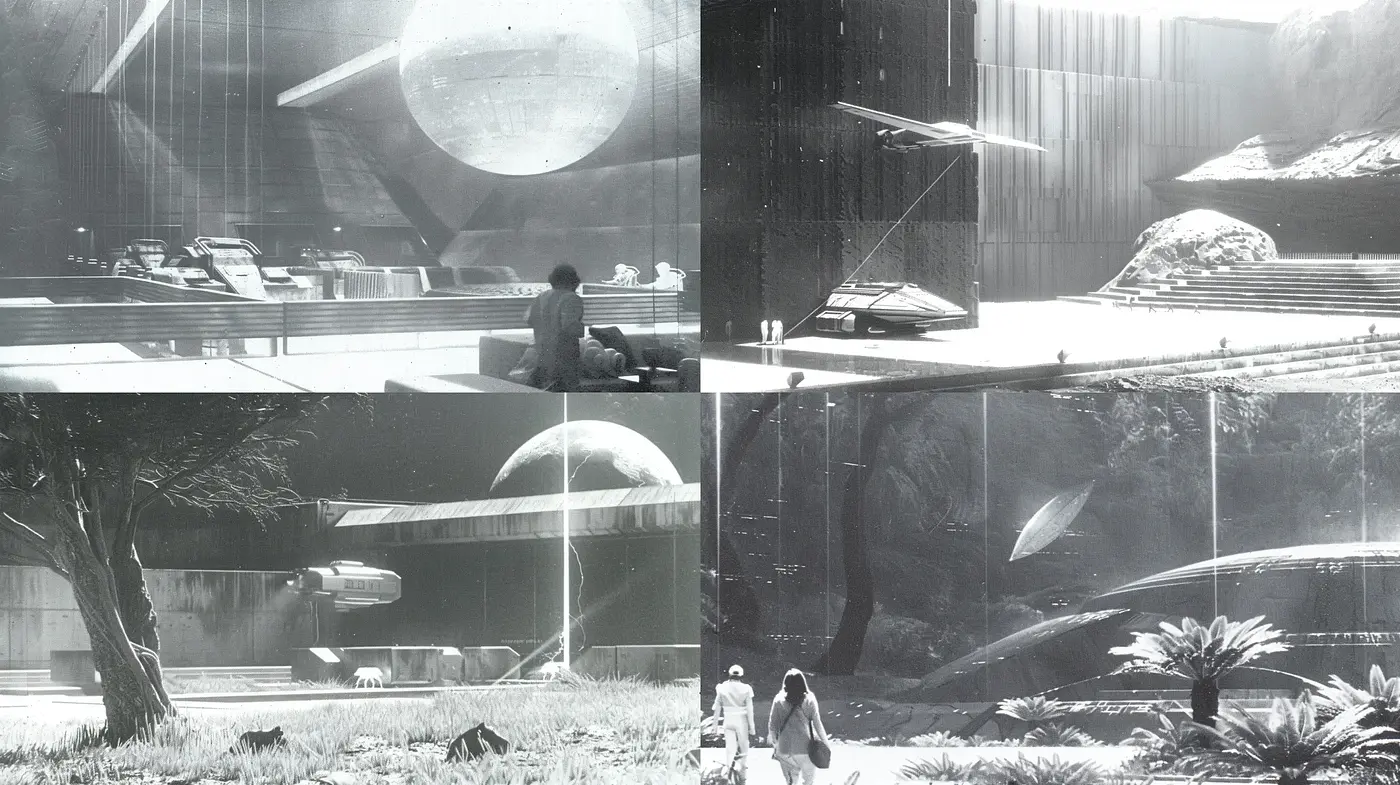 Monochromatic Futuristic Visions: A Study in Sci-Fi Minimalism - Midjourney sref style
