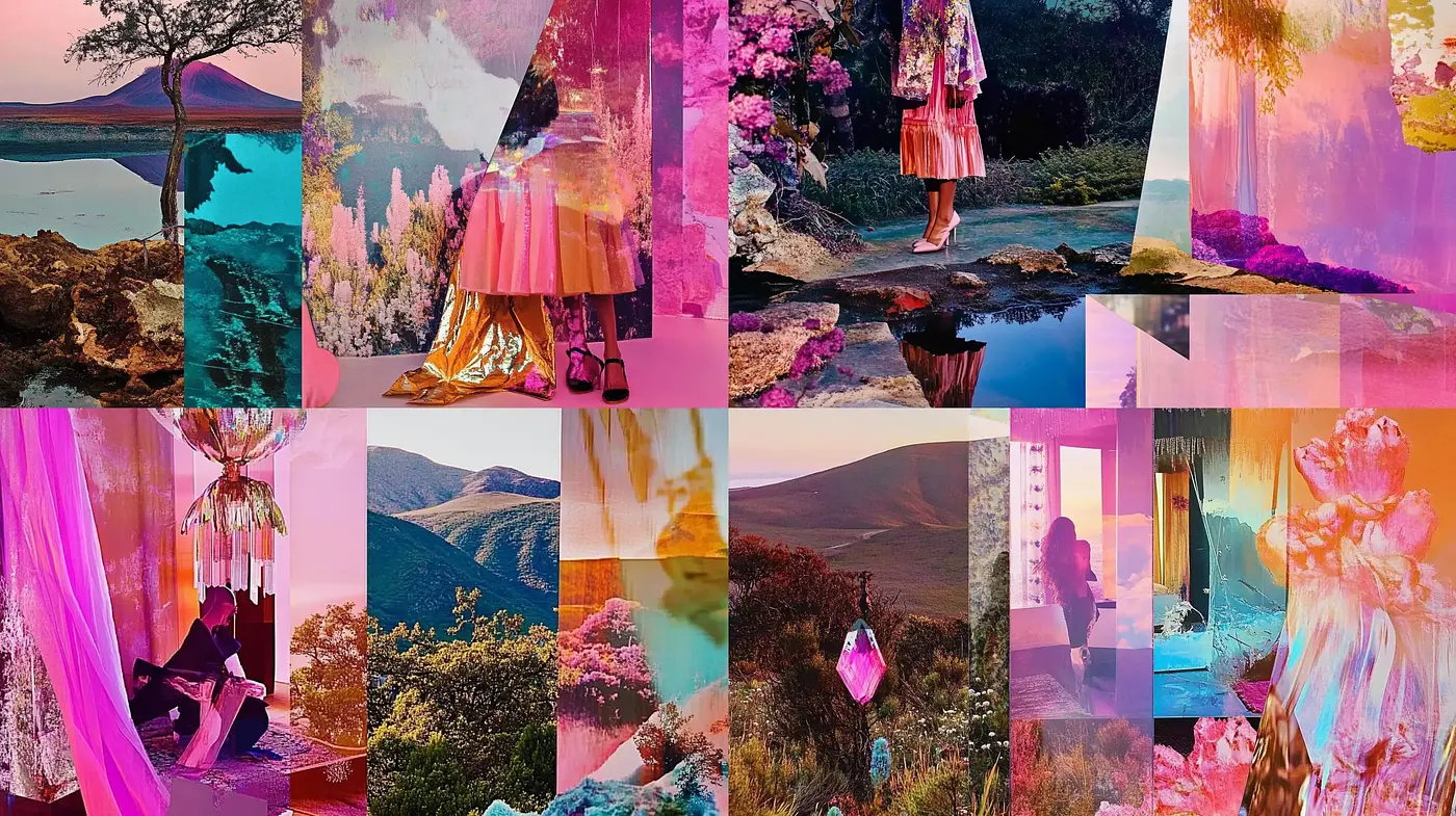 Dreamlike Collage of Saturated Pastels: A Synesthetic Journey in Art - Midjourney sref style