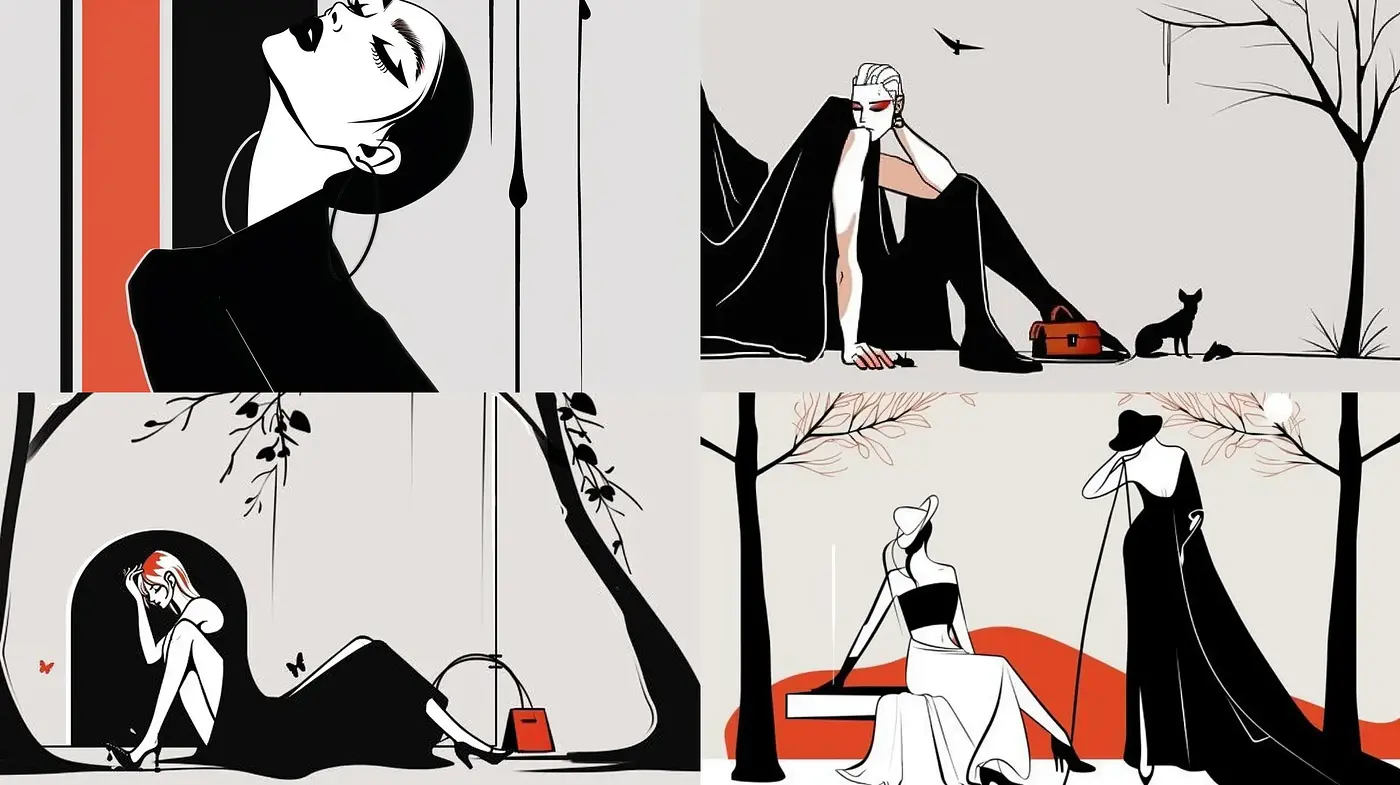 Elegant Monochrome Fashion Scenes with a Splash of Red - Midjourney sref style