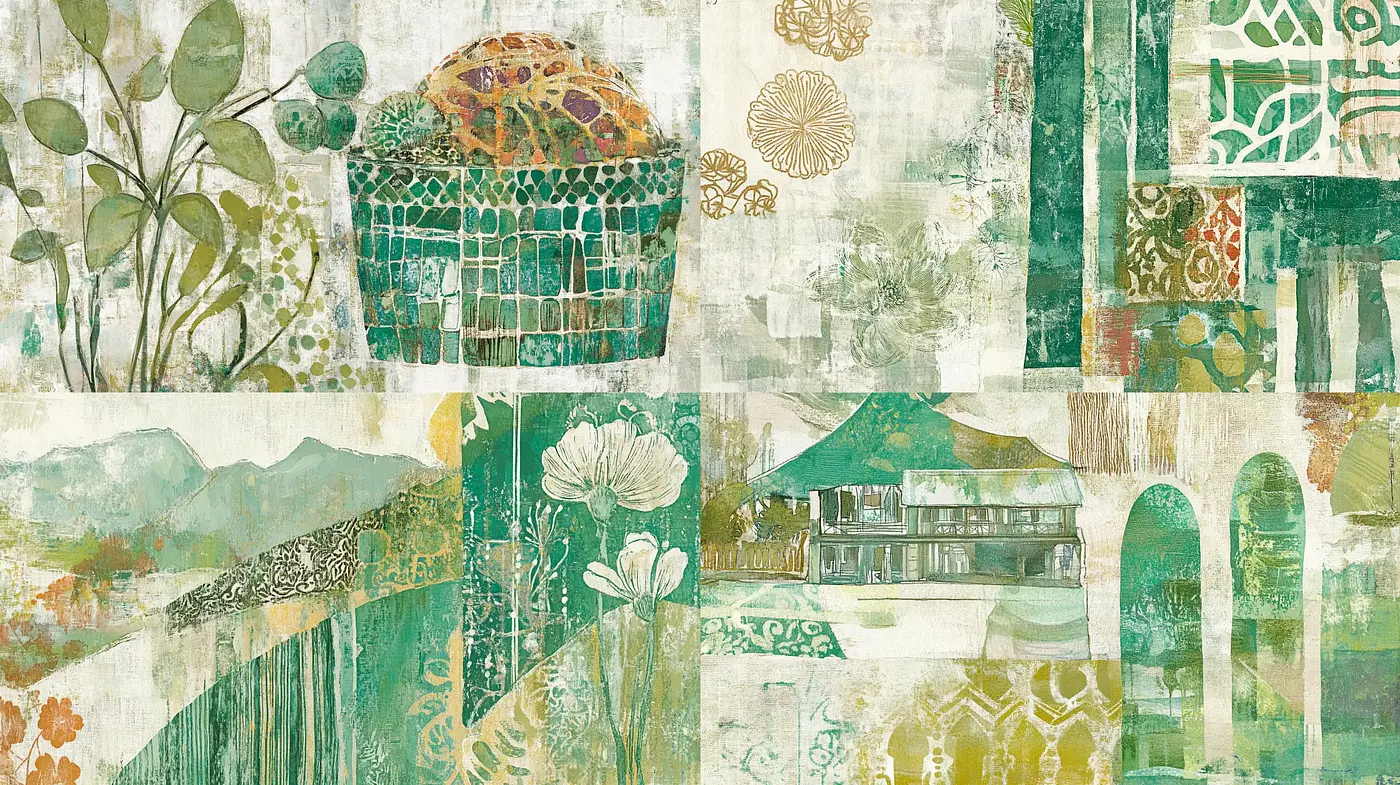 Whimsical Botanical Collage with Earthy Textures - Midjourney sref style