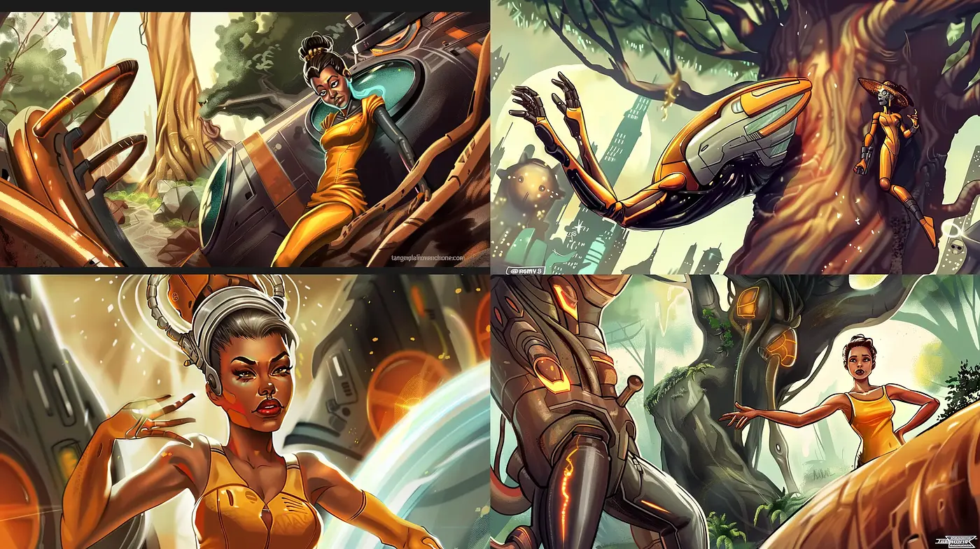 Dynamic Comic Illustration with Natural Ambers and Futuristic Overtones - Midjourney sref style