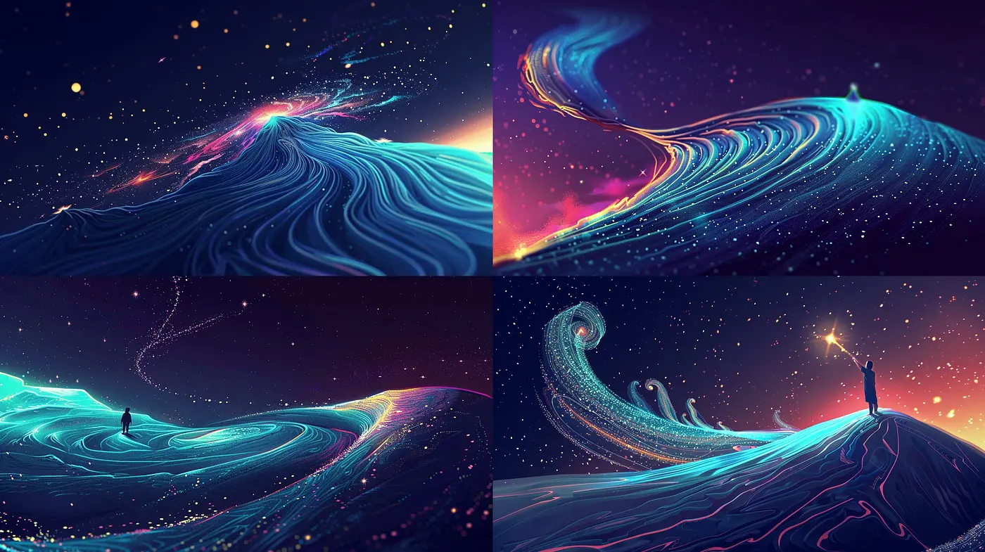 Starry Ethereal Waves: A Synthesis of Surrealist Nightscapes and Neon Hues - Midjourney sref style